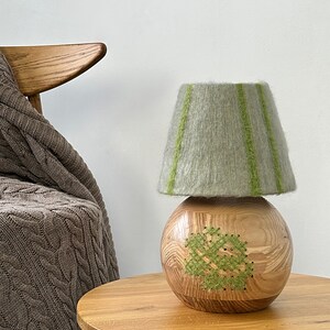 Handcrafted Wood Table Lamp, Blue Yarn Wrapped Lampshade, Artisan Desk Light, Bohemian Style Lighting, Unique Floral Wood Lamp Green