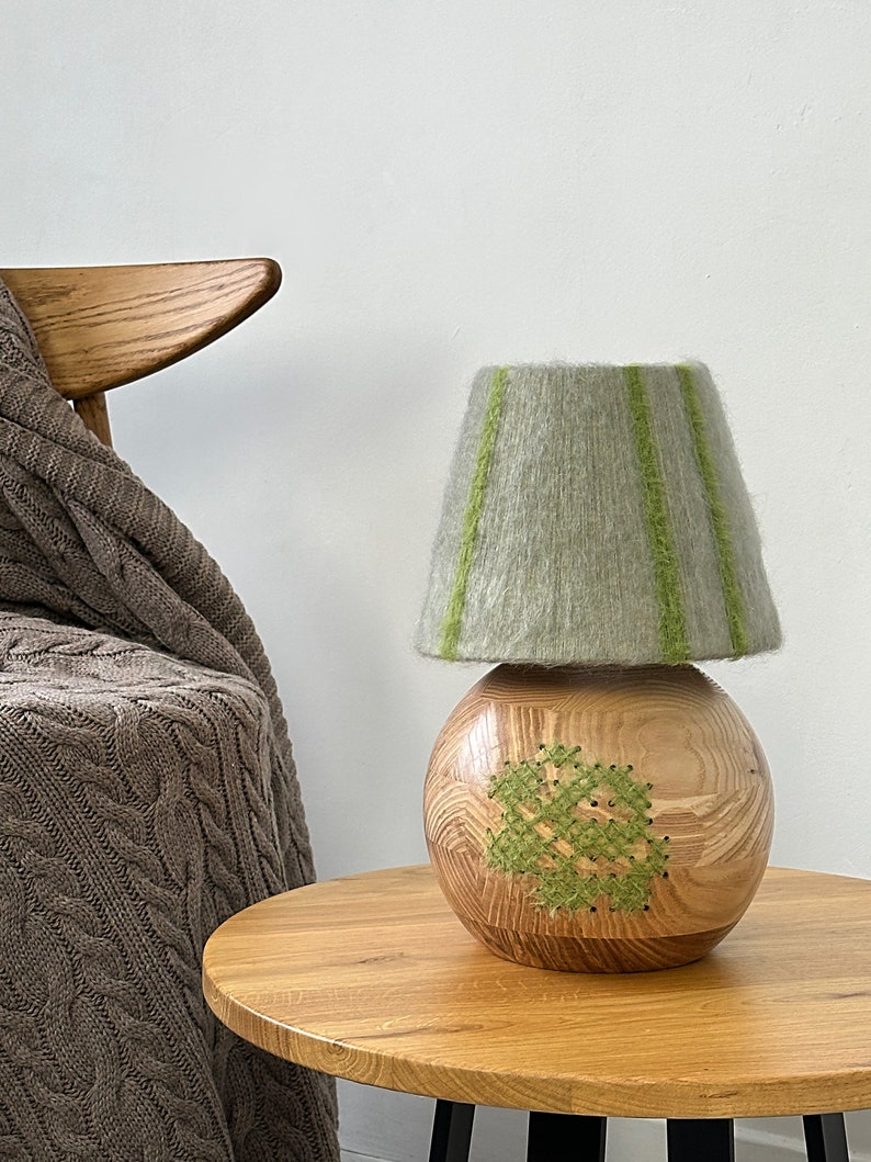 Handcrafted Wood Table Lamp, Blue Yarn Wrapped Lampshade, Artisan Desk Light, Bohemian Style Lighting, Unique Floral Wood Lamp Green