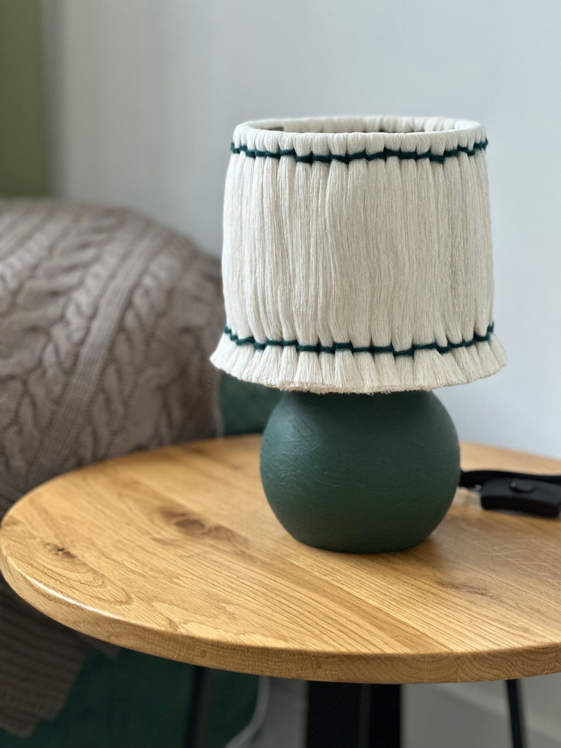 Handcrafted Green Wooden Table Lamp with White Cotton Lampshade Modern Home Decor image 8