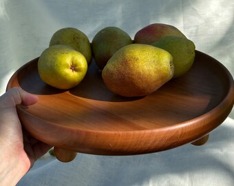 Wooden Round Serving Tray, Carved plate, Handmade wood plate, Housewarming gift, Wooden Round Serving Tray With Handles, Home Decor