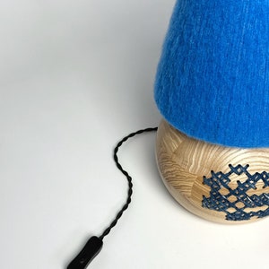 Handcrafted Wood Table Lamp, Blue Yarn Wrapped Lampshade, Artisan Desk Light, Bohemian Style Lighting, Unique Floral Wood Lamp image 2