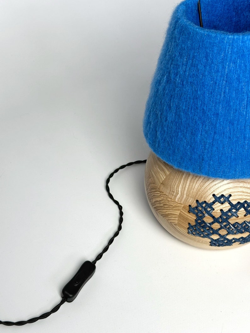 Handcrafted Wood Table Lamp, Blue Yarn Wrapped Lampshade, Artisan Desk Light, Bohemian Style Lighting, Unique Floral Wood Lamp image 2