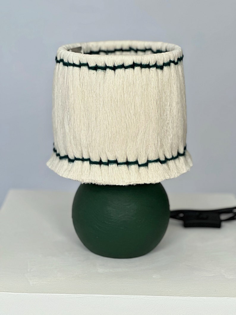 Handcrafted Green Wooden Table Lamp with White Cotton Lampshade Modern Home Decor image 5