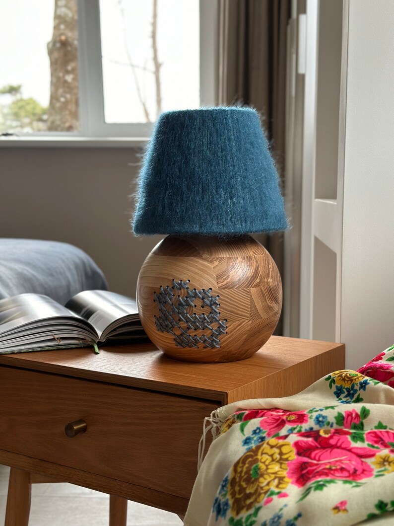Wooden Table Lamp with Cotton Yarn Wrapped Lampshade Ocean Blue, Handmade table lamp,desk lamp,bedside lamp image 2