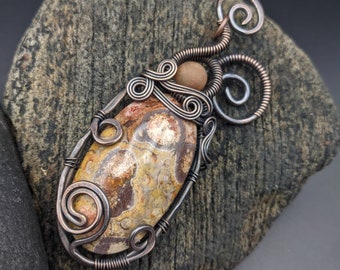 Wire Wrap Pendant Necklace with Bird's Eye Jasper Stone and Glass Bead (includes free ball chain)