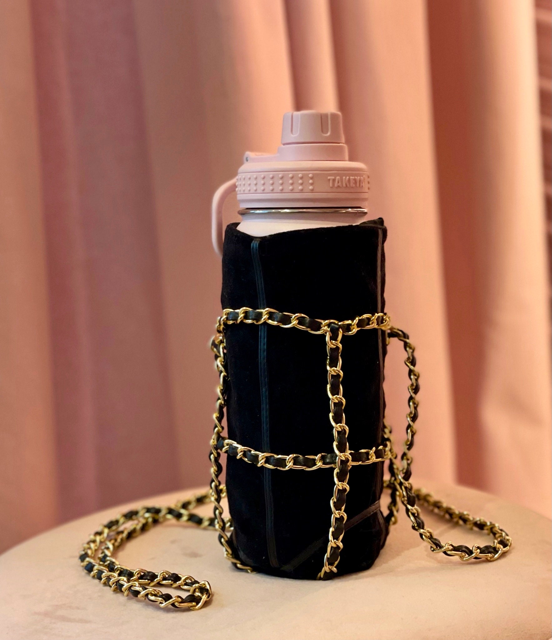 Buy Rose Gold or Black Gold Chain Velvet Water Bottle Holder With