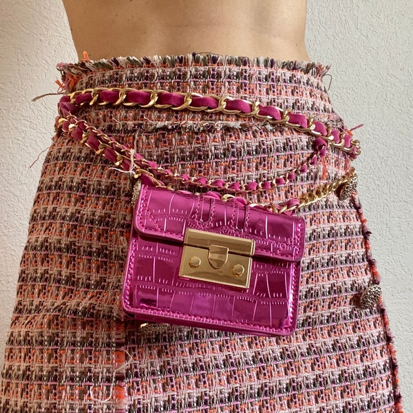 Pink / Black Shiny Vegan Leather Mini Flap Bag Adjustable Multilayer Waist Belt Gold Chain for your Hip, Waist Body Chain w/ mini Bag Wallet