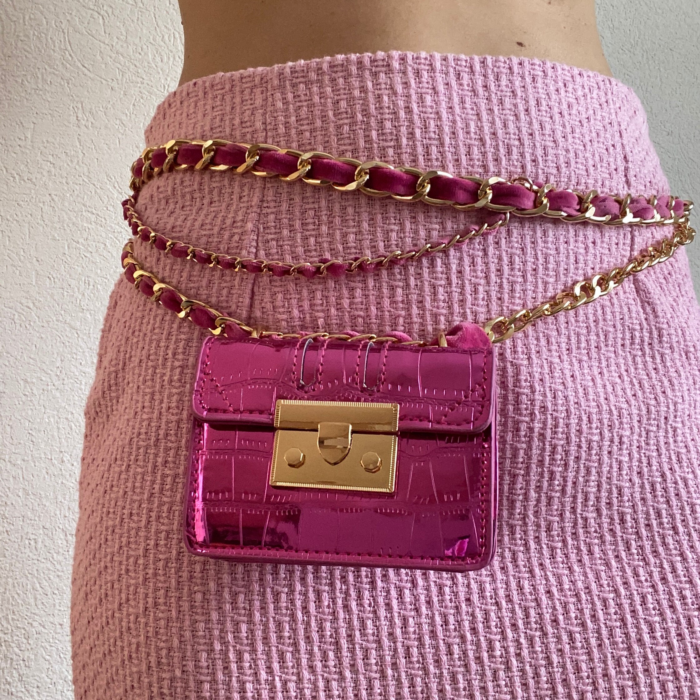 Pink / Black Shiny Vegan Leather Mini Flap Bag Adjustable Multilayer Waist Belt Gold Chain for