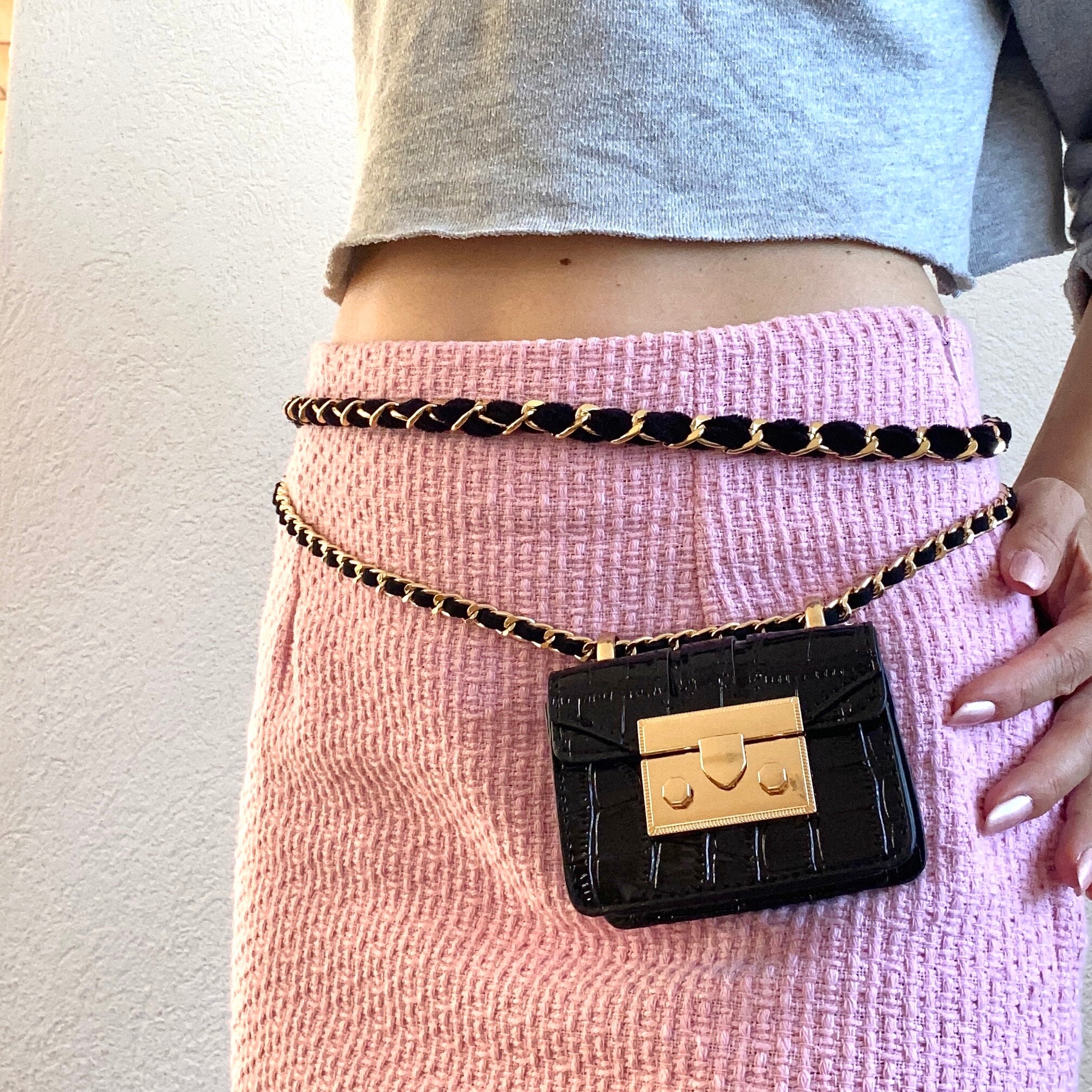 Pink / Black Shiny Vegan Leather Mini Flap Bag Adjustable Multilayer Waist Belt Gold Chain for