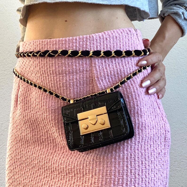 Pink / Black Shiny Vegan Leather Mini Flap Bag Adjustable Multilayer Waist Belt Gold Chain for