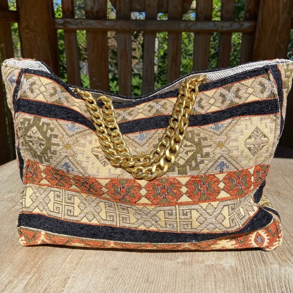 NEW! Luxurious Greek Goddess Spacious Canvas Fabric Handbag Summer Tote. Chunky Chain Handles Unique Details - 4 Different Styles Great Gift