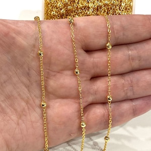 16.5 Foot, 5 Meters Bulk 24Kt Gold Plated Cable Chain With Balls, Gold Plated Soldered Chain