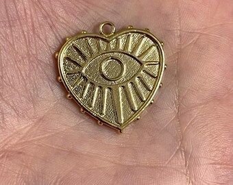 24Kt Shiny Gold Plated Brass Heart Pendant, Gold Heart Pendant With Eye