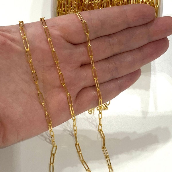 1 meter 24Kt Shiny Gold Paperclip Chain, Gold Bar Chain, Gold Necklace Chain