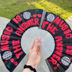 Personalised glitter rave hand Fans / black, silver or pink / festival, party, rave fan