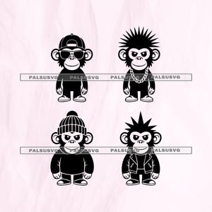 Puede incluir: Cuatro ilustraciones de monos de dibujos animados en blanco y negro. Cada mono tiene un estilo diferente: uno lleva gorra y gafas de sol, otro tiene cresta y cadena, un tercero tiene gorro y el último tiene peinado puntiagudo y chaqueta.