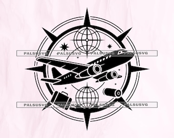 Travel Emblem SVG, Airplane Compass Rose Clipart (Digital Download)