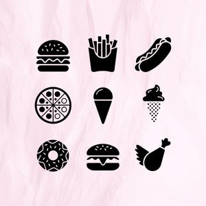 Pode incluir: Ícones preto e branco de vários alimentos, incluindo um hambúrguer, batatas fritas, um cachorro-quente, uma pizza, um cone de sorvete, um donut, um cheeseburger e uma perna de frango.