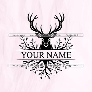 May include: Black and white deer head design with large antlers, surrounded by branches and leaves. The text "YOUR NAME" is centered below the deer head, perfect for personalization.