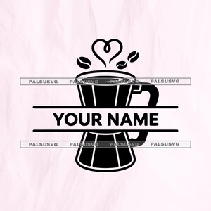 Op de afbeelding: Zwart-wit koffie-thema ontwerp. Het toont een koffiezetapparaat-silhouet met stoom in de vorm van een hart en koffiebonen. De tekst "YOUR NAME" wordt in vette letters weergegeven, ideaal voor personalisatie.