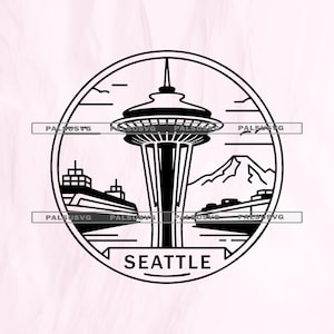 Może przedstawiać: Czarno-biała ilustracja linii horyzontu Seattle, z Space Needle, górami i statkami, zamknięta w okrągłej ramie. Słowo "SEATTLE" znajduje się na dole.
