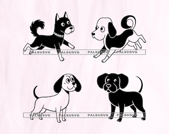 May include: Four cartoon dog illustrations in black and white. Each dog has a unique pose and expression. The image includes the text "SVG EPS DXF PNG PDF" at the bottom, indicating file formats.