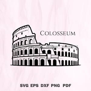 May include: Black and white illustration of the Colosseum in Rome. The image features the text "COLOSSEUM" above the structure and file type options "SVG EPS DXF PNG PDF" below.