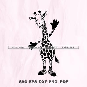 May include: Black and white giraffe illustration with a friendly expression, waving with one hand. The giraffe has a spotted pattern, wearing gloves and striped socks. The image includes the text "SVG EPS DXF PNG PDF".