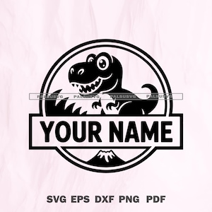 May include: A black and white dinosaur design featuring the text "YOUR NAME" in a rectangular box. The dinosaur is within a circular frame. Below the box are the file types: SVG EPS DXF PNG PDF.