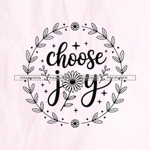 May include: A black and white circular design with the words "choose joy" in a decorative font. The text is surrounded by a wreath of leaves, flowers, and small crosses, set against a light pink background.
