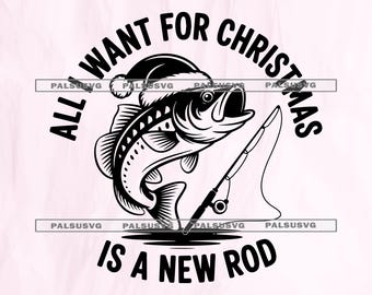 Puede incluir: Gráfico en blanco y negro de un pez con un gorro de Papá Noel, con una caña de pescar. El texto dice: "Todo lo que quiero para Navidad es una caña nueva."
