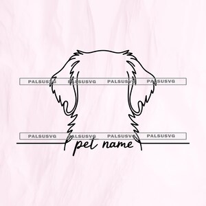 May include: A black line art design of a dog's head, featuring long, flowing ears and the text "pet name" in a cursive font. The design is set against a soft pink background.