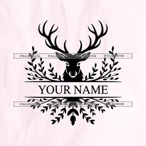 Könnte beinhalten: Schwarz-weiß-Design eines Hirschkopfes mit großem Geweih, umgeben von Blättern. Der Text "YOUR NAME" ist unter dem Hirschkopf zentriert, über einer horizontalen Linie. Ein dekoratives Element befindet sich darunter.