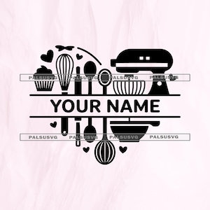 Puede incluir: Diseño en forma de corazón en blanco y negro con utensilios de repostería y el texto "YOUR NAME". Incluye una magdalena, un batidor, un rodillo, cucharas, una batidora, un cuenco y un batidor. Ideal para decoración de cocina o regalos personalizados.
