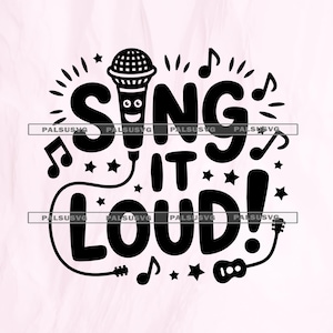 Pode incluir: Design gráfico preto com as palavras "SING IT LOUD!" e uma ilustração de microfone. Notas musicais e estrelas circundam o texto. Uma ilustração de guitarra está na parte inferior direita. O design está em um fundo rosa claro.