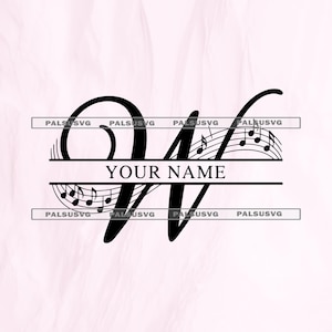May include: A black graphic design featuring a large stylized letter W with a horizontal split line through the center. The text YOUR NAME is centered within the split. Musical staff lines and notes are integrated into the letter design.