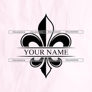 May include: Black and white fleur-de-lis design with the text "YOUR NAME" in a serif font. The design is centered on a light pink background. The fleur-de-lis is split vertically, with one side black and the other white.