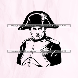May include: Black and white illustration of a stern-faced man wearing a bicorne hat and military uniform. The portrait features a detailed depiction of the man's face and attire, with a decorative emblem on the chest.