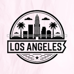 May include: Black and white Los Angeles city skyline graphic. The design features palm trees, clouds, and a star, with the words "LOS ANGELES" in a banner. The design is circular and has a vintage feel.