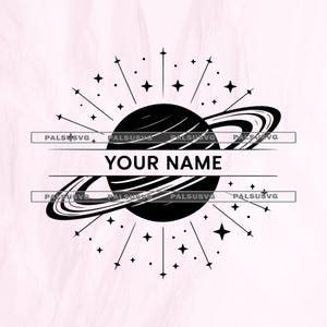 May include: Black and white celestial design featuring a planet with rings, surrounded by stars and radiating lines. The text "YOUR NAME" is centered below the planet, with a horizontal line above and below the text. The design is on a light pink background.