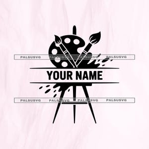Könnte beinhalten: Schwarz-weißes Künstlerlogo mit Palette, Pinseln und Staffelei. Der Text "YOUR NAME" ist unterhalb der Palette und Pinsel zentriert. Farbspritzer und horizontale Linien vervollständigen das Design.