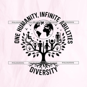 Può includere: Grafica in bianco e nero con le parole "ONE HUMANITY, INFINITE ABILITIES" attorno a un albero. I rami dell'albero contengono sagome di persone, un globo e una persona su sedia a rotelle. La parola "DIVERSITY" è alla base.