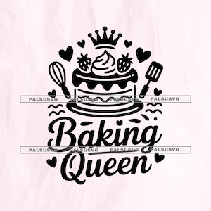 Può includere: Grafica in bianco e nero con una torta con fragole, una corona, cuori e utensili da cucina. Il testo "Baking Queen" è scritto in un carattere decorativo, ideale per l'arredamento della cucina o per gli appassionati di pasticceria.