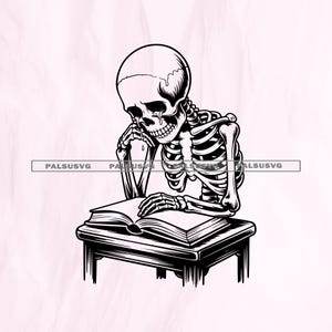 Może przedstawiać: Czarno-biała ilustracja szkieletu siedzącego przy małym stoliku i czytającego książkę. Szkielet ma łzę spadającą z oka, co sugeruje smutek lub zadumę. Obraz ma estetykę vintage, gotycką.