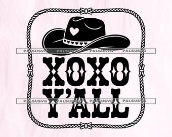 Puede incluir: Diseño gráfico en blanco y negro con un sombrero de vaquero con un corazón y adornos decorativos, y el texto "XOXO Y'ALL" en negrita, enmarcado por un borde de cuerda con lazos.