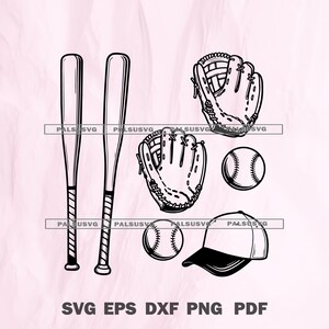 May include: Black and white line art of baseball equipment, including two bats, two gloves, two baseballs, and a baseball cap. The image also includes the text "SVG EPS DXF PNG PDF".