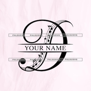 May include: A black graphic design featuring a stylized letter D integrated with musical notes and staff lines. The design includes a horizontal split across the center with the text YOUR NAME and repeated PALSUSVG watermarks throughout.