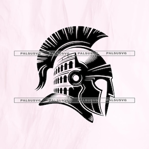 May include: A black and white illustration of a Roman gladiator helmet. The helmet incorporates the Colosseum in its design and features a crest. The image is in a minimalist style, suitable for design use.