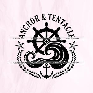 May include: Black nautical design featuring a ship's wheel, anchor, and stylized wave, with the text "ANCHOR & TENTACLE" in a circular arrangement. The design includes stars and a laurel wreath.