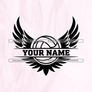 May include: Black and white volleyball design with wings. The design includes a volleyball in the center, with the text "YOUR NAME" in bold letters. The design is suitable for sports-themed products.